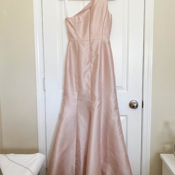 Alfred Sung Rose Gold One Shoulder Satin Gown Champagne Size 4 - Picture 2 of 12